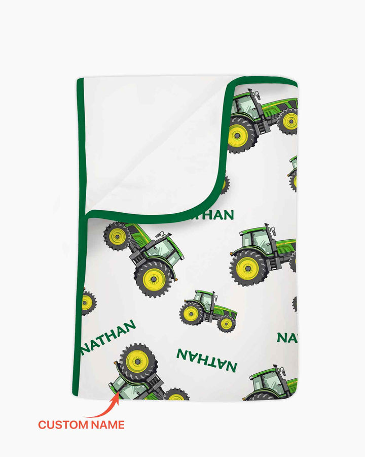 Custom Name Green Tractors Matching Daddy & Me Bamboo Blanket