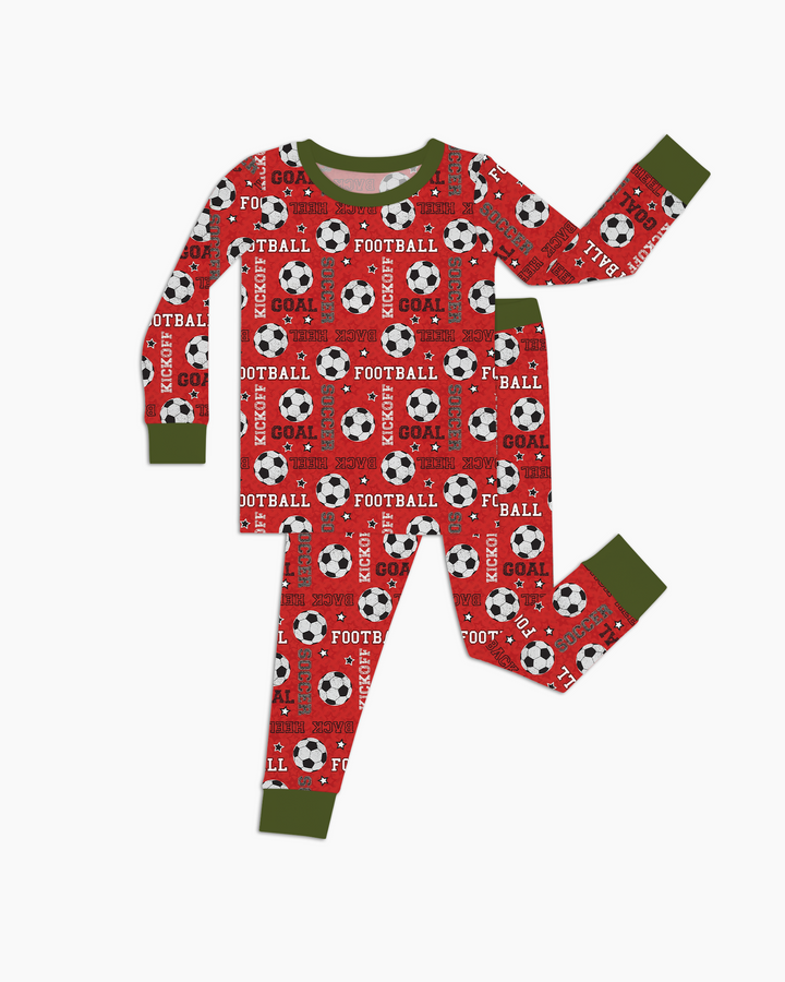 Red Soccer Ball Bamboo Two Piece Long Sleeve Pajama Set
