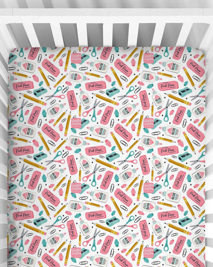 Pink Power School Supplies Bamboo Fitted Crib Sheet