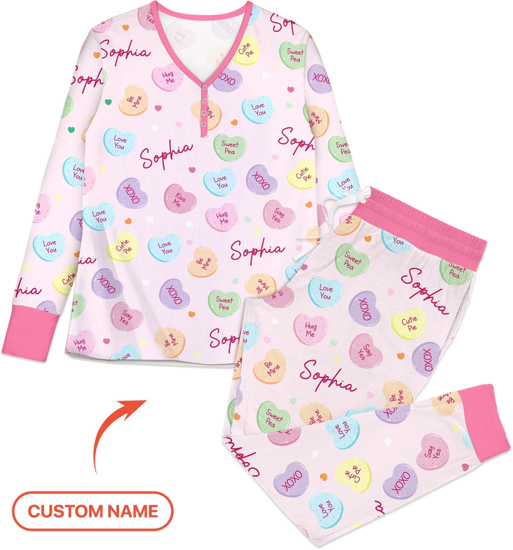 Custom Name Colorful Candy Hearts Family Matching Bamboo Women Pajama Set