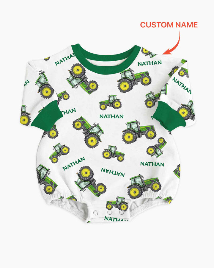 Custom Name Green Tractors Matching Daddy & Me Bamboo Bubble Romper
