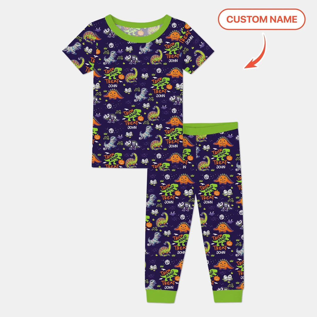 Trick Rawr Treat Custom Name Two Piece Short Sleeve Pajama Set , Trick Rawr Treat Custom Name Two Piece Short Sleeve Pajama Set - 12-18M