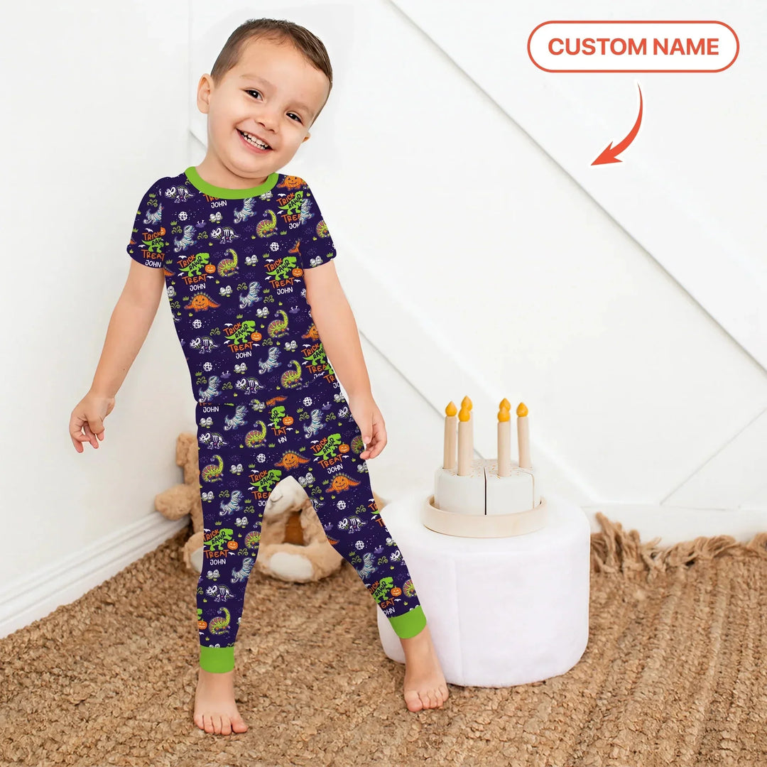 Trick Rawr Treat Custom Name Two Piece Short Sleeve Pajama Set , Trick Rawr Treat Custom Name Two Piece Short Sleeve Pajama Set - 12-18M