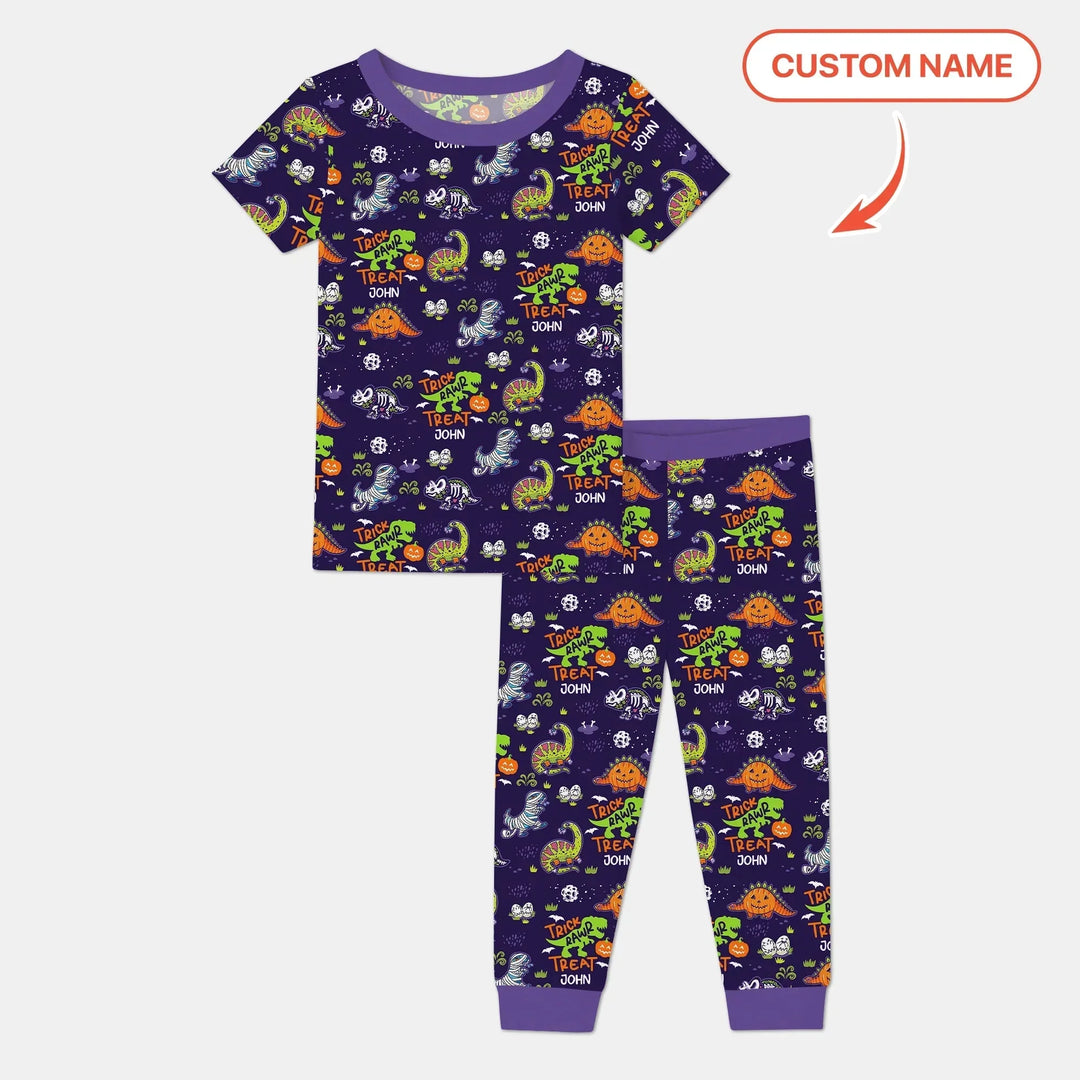 Trick Rawr Treat Custom Name Two Piece Short Sleeve Pajama Set , Trick Rawr Treat Custom Name Two Piece Short Sleeve Pajama Set - 12-18M