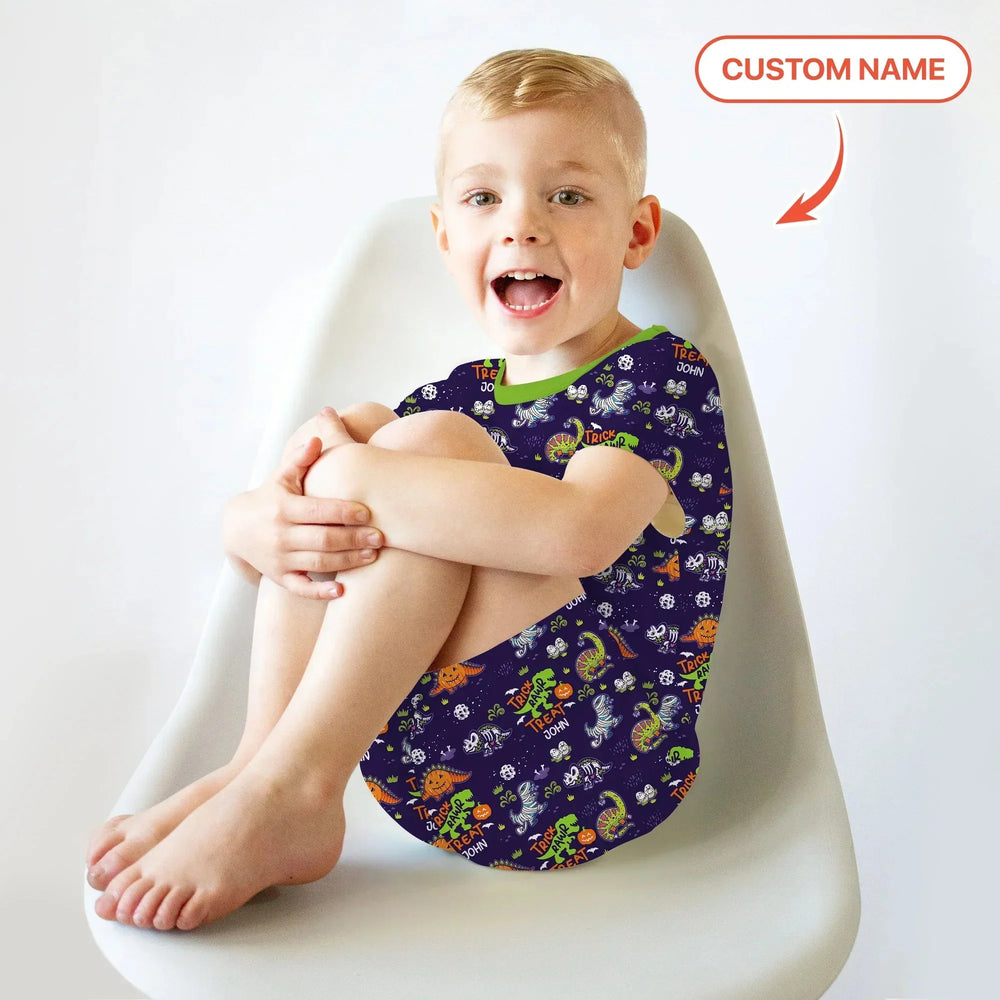 Trick Rawr Treat Custom Name Two Piece Short Sleeve Shorts Pajama Set , Trick Rawr Treat Custom Name Two Piece Short Sleeve Shorts Pajama Set - 12-18M