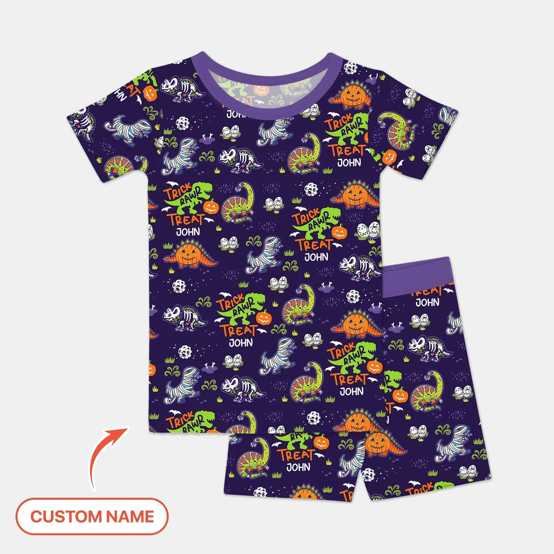 Trick Rawr Treat Custom Name Two Piece Short Sleeve Shorts Pajama Set , Trick Rawr Treat Custom Name Two Piece Short Sleeve Shorts Pajama Set - 12-18M