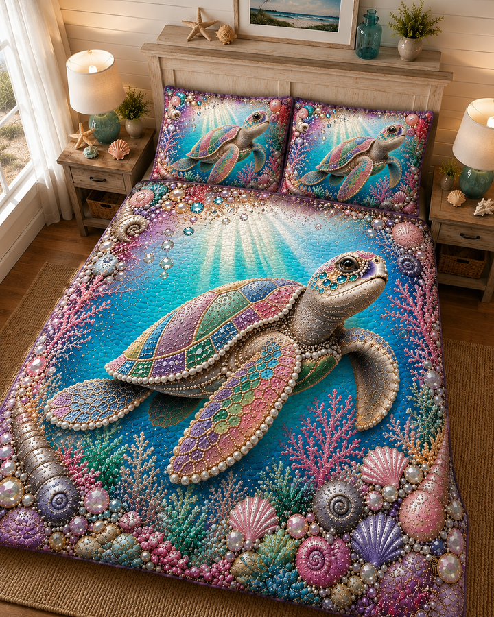 Jeweled Sea Turtle Bamboo Quilt Bedding Set