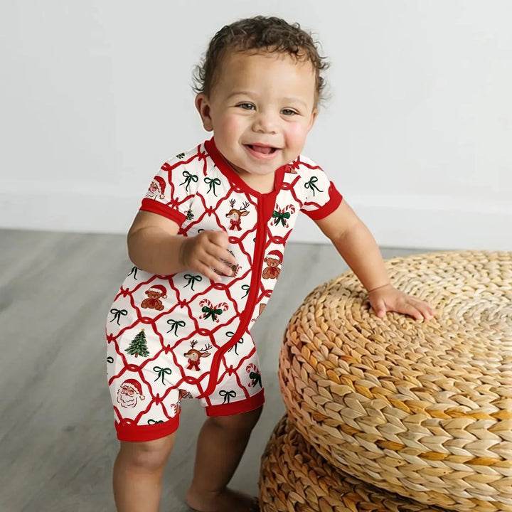 Vintage Christmas Shorty Zippered Romper , Vintage Christmas Shorty Zippered Romper - Newborn