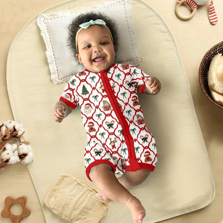 Vintage Christmas Shorty Zippered Romper , Vintage Christmas Shorty Zippered Romper - Newborn