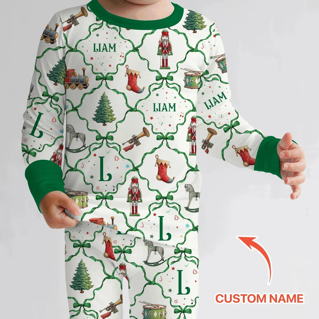Vintage Christmas Toy Custom Name Boy Two Piece Long Sleeve Pajama Set , Vintage Christmas Toy Custom Name Boy Two Piece Long Sleeve Pajama Set - 12-18M
