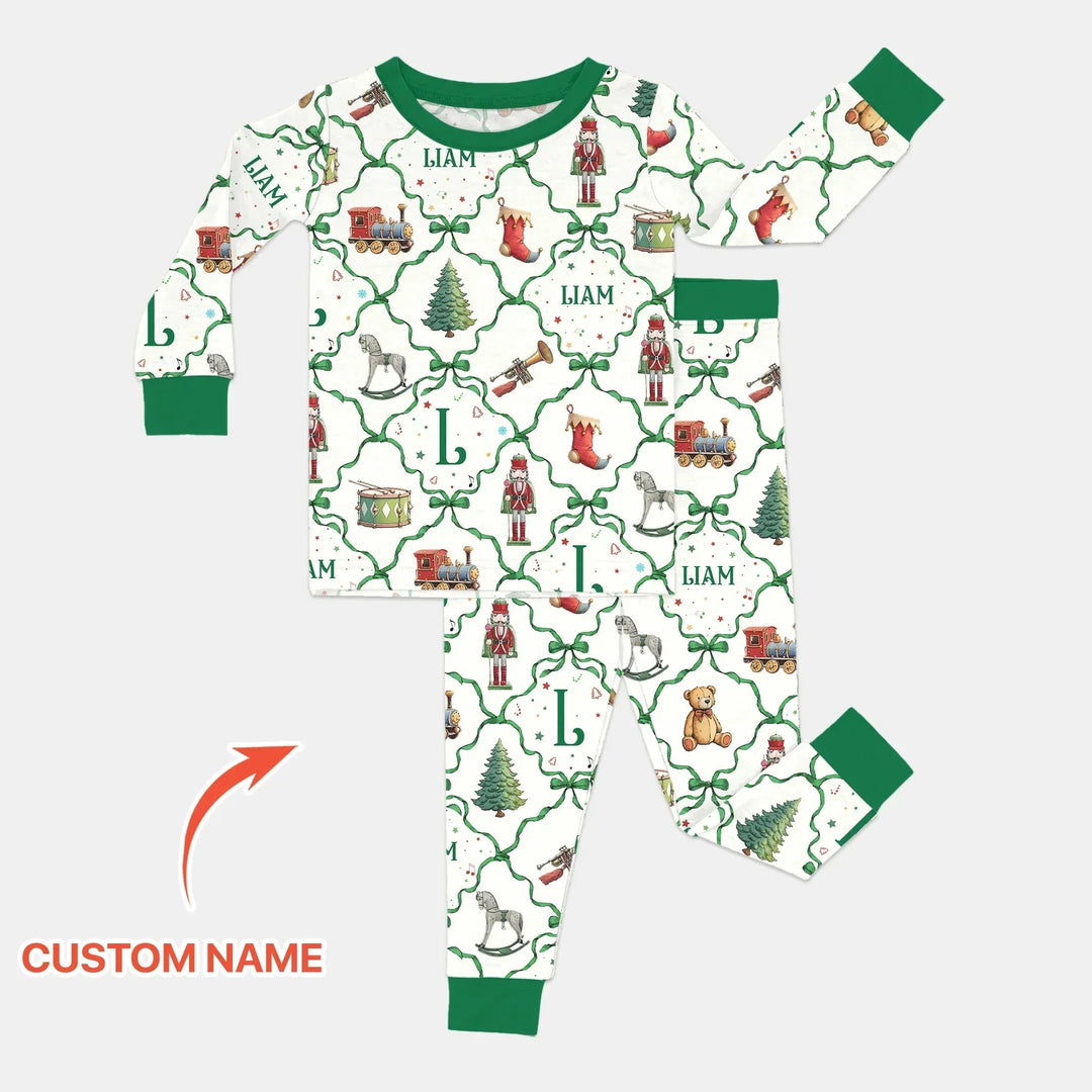 Vintage Christmas Toy Custom Name Boy Two Piece Long Sleeve Pajama Set , Vintage Christmas Toy Custom Name Boy Two Piece Long Sleeve Pajama Set - 12-18M