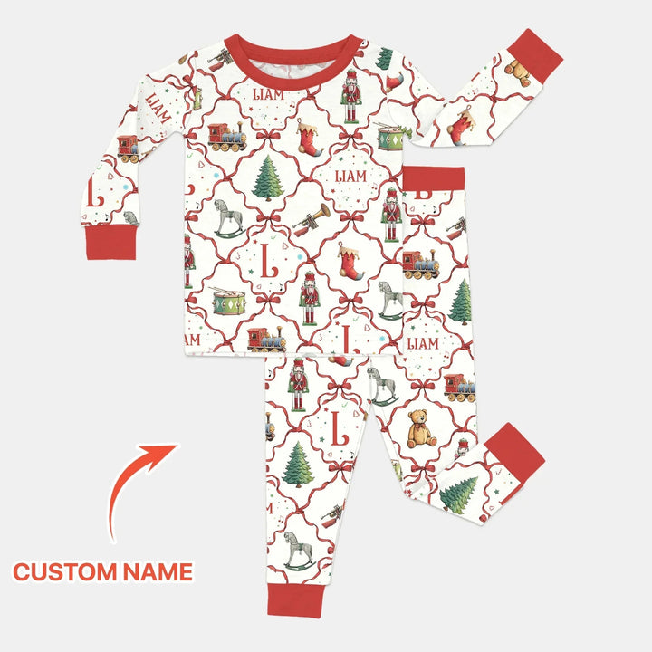 Vintage Christmas Toy Custom Name Boy Two Piece Long Sleeve Pajama Set , Vintage Christmas Toy Custom Name Boy Two Piece Long Sleeve Pajama Set - 12-18M