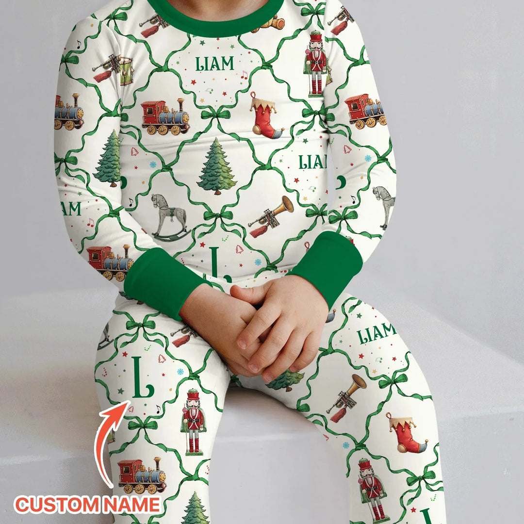 Vintage Christmas Toy Custom Name Boy Two Piece Long Sleeve Pajama Set , Vintage Christmas Toy Custom Name Boy Two Piece Long Sleeve Pajama Set - 12-18M