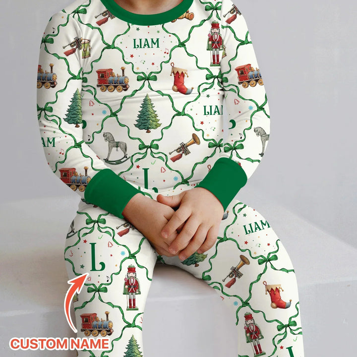 Vintage Christmas Toy Custom Name Boy Two Piece Long Sleeve Pajama Set , Vintage Christmas Toy Custom Name Boy Two Piece Long Sleeve Pajama Set - 12-18M