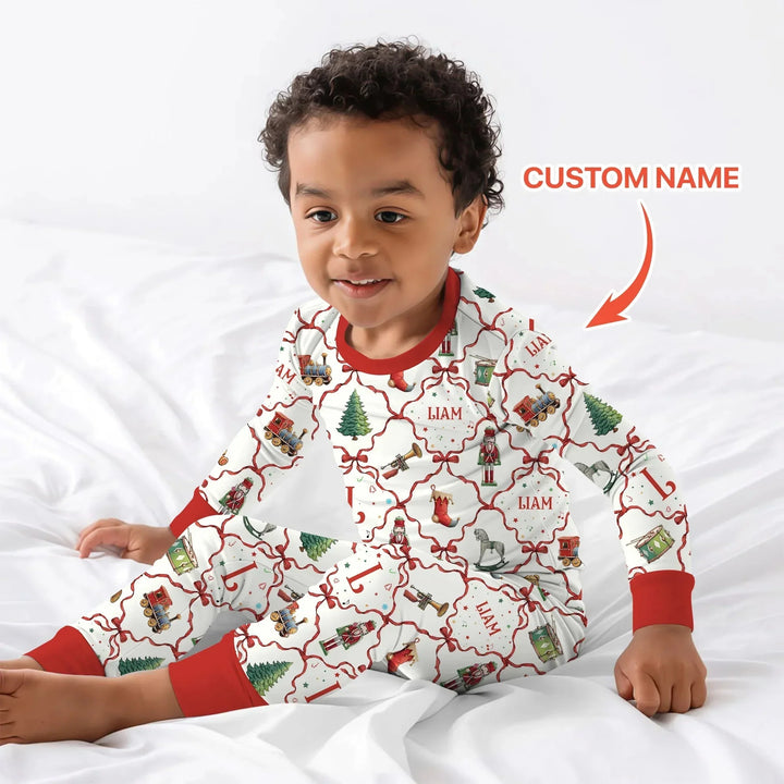 Vintage Christmas Toy Custom Name Boy Two Piece Long Sleeve Pajama Set , Vintage Christmas Toy Custom Name Boy Two Piece Long Sleeve Pajama Set - 12-18M