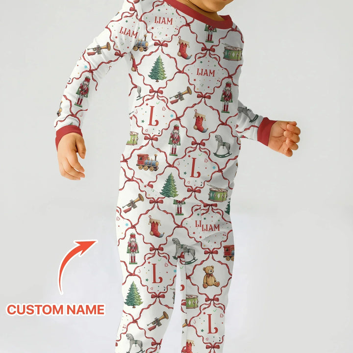 Vintage Christmas Toy Custom Name Boy Two Piece Long Sleeve Pajama Set , Vintage Christmas Toy Custom Name Boy Two Piece Long Sleeve Pajama Set - 12-18M