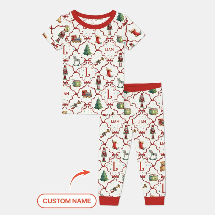 Vintage Christmas Toy Custom Name Boy Two Piece Short Sleeve Pajama Set , Vintage Christmas Toy Custom Name Boy Two Piece Short Sleeve Pajama Set - 12-18M