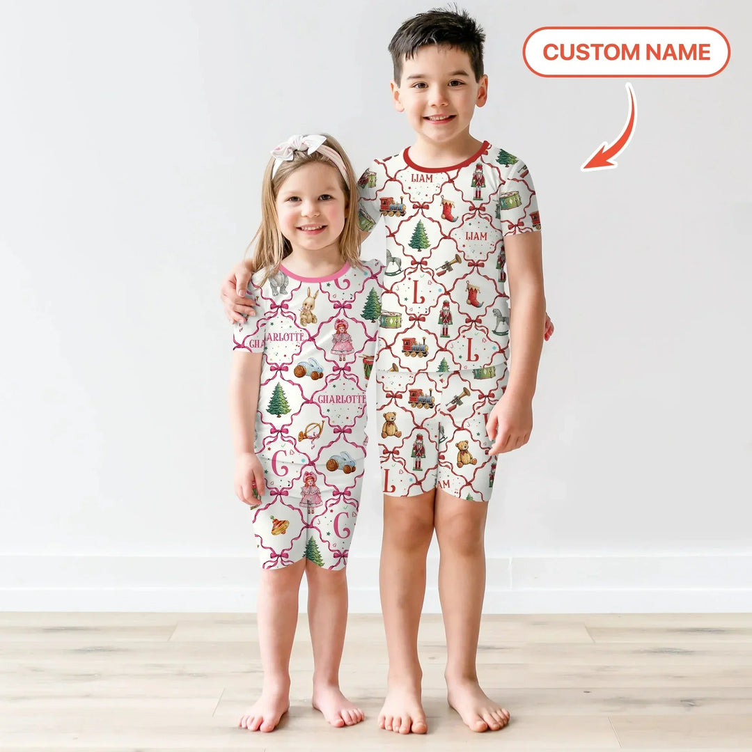 Vintage Christmas Toy Custom Name Boy Two Piece Short Sleeve Shorts Pajama Set , Vintage Christmas Toy Custom Name Boy Two Piece Short Sleeve Shorts Pajama Set - 12-18M