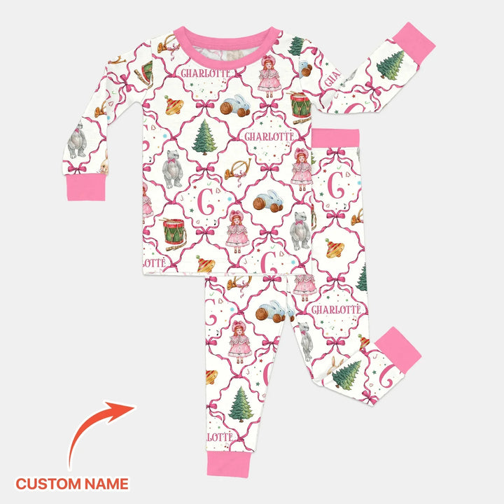 Vintage Christmas Toy Custom Name Girl Two Piece Long Sleeve Pajama Set , Vintage Christmas Toy Custom Name Girl Two Piece Long Sleeve Pajama Set - 12-18M