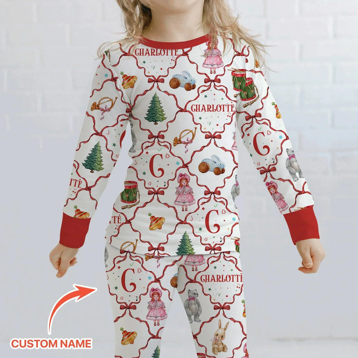Vintage Christmas Toy Custom Name Girl Two Piece Long Sleeve Pajama Set , Vintage Christmas Toy Custom Name Girl Two Piece Long Sleeve Pajama Set - 12-18M