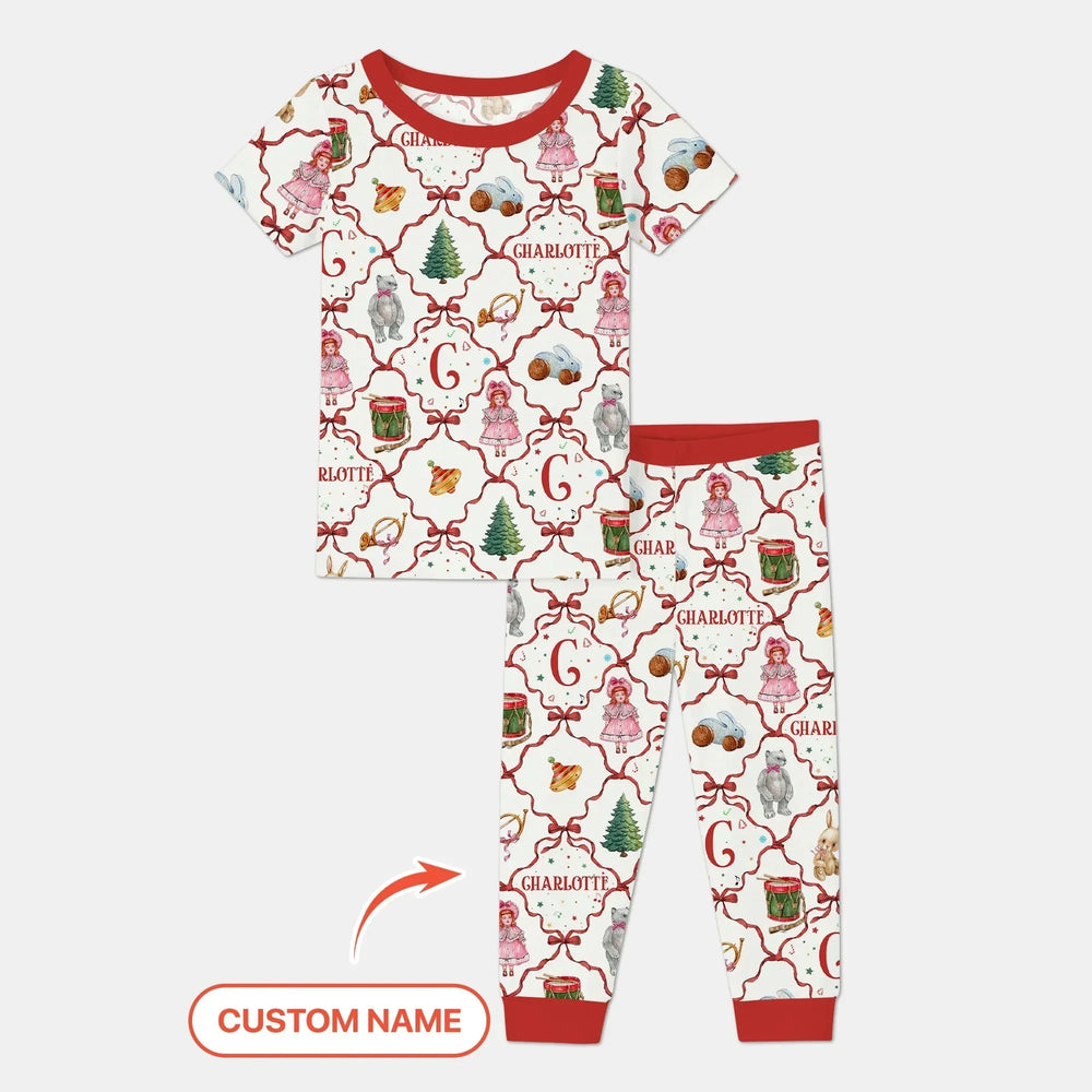 Vintage Christmas Toy Custom Name Girl Two Piece Short Sleeve Pajama Set , Vintage Christmas Toy Custom Name Girl Two Piece Short Sleeve Pajama Set - 12-18M