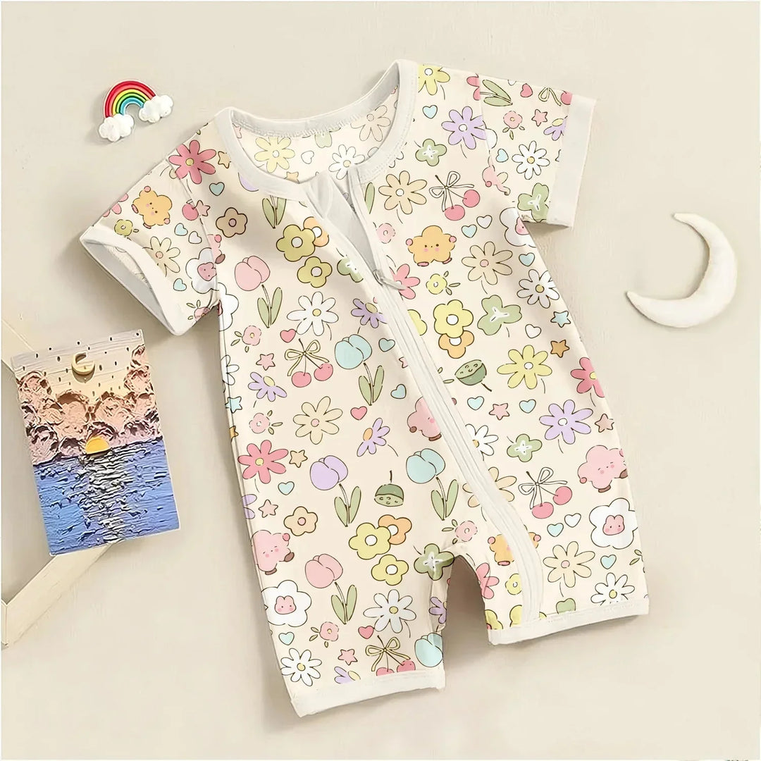Whimsical Bloom Shorty Zippered Romper , Whimsical Bloom Shorty Zippered Romper - 0-3M