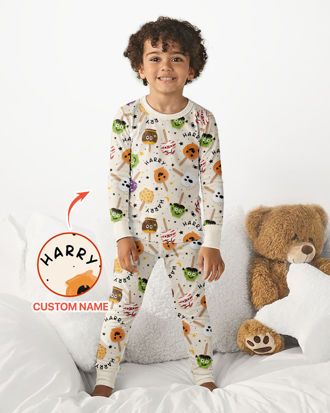 Custom Name Halloween Treats Bamboo Two Piece Long Sleeve Pajama Set
