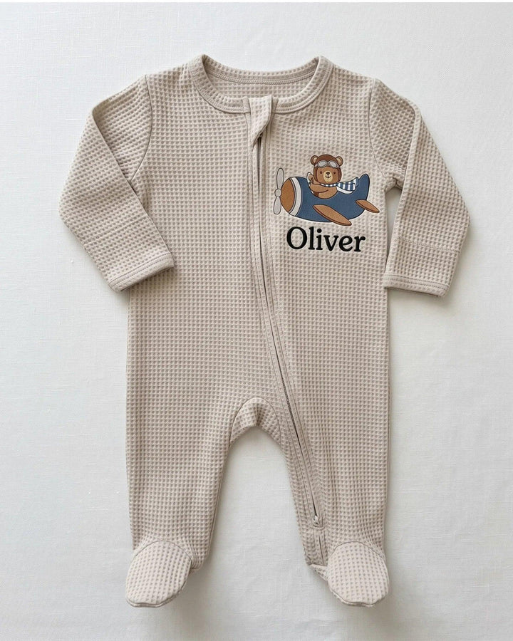 Personalized Pilot Bear Embroidered Waffle Bamboo Zipper Footie