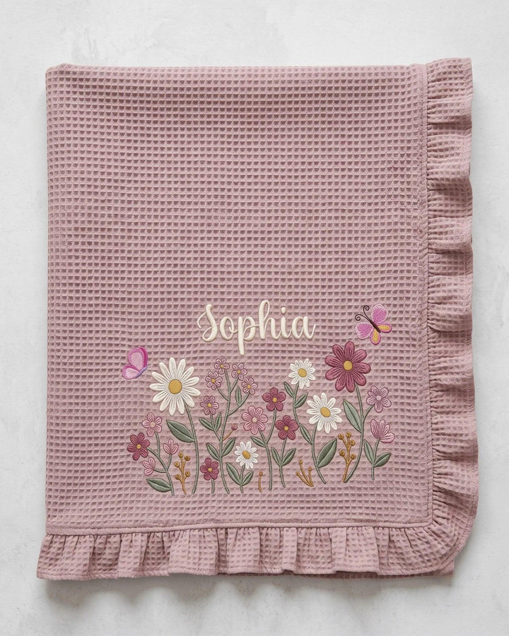 Custom Name With Flower Embroidered Waffle Ruffle Bamboo Blanket