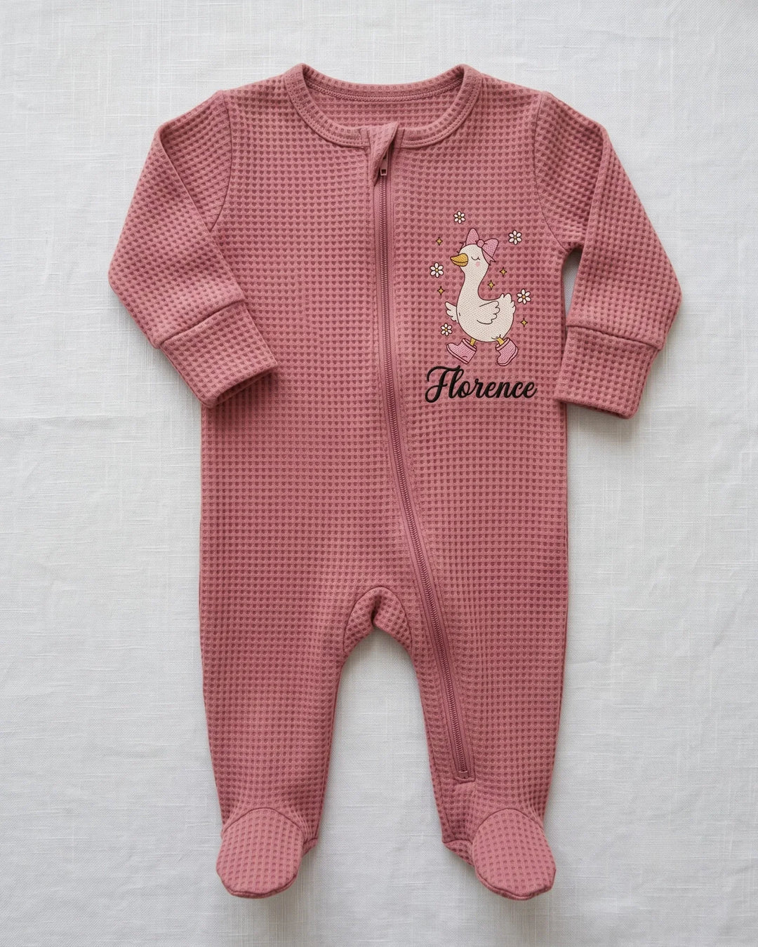 Personalized Dilly Dally Embroidered Waffle Bamboo Zipper Footie