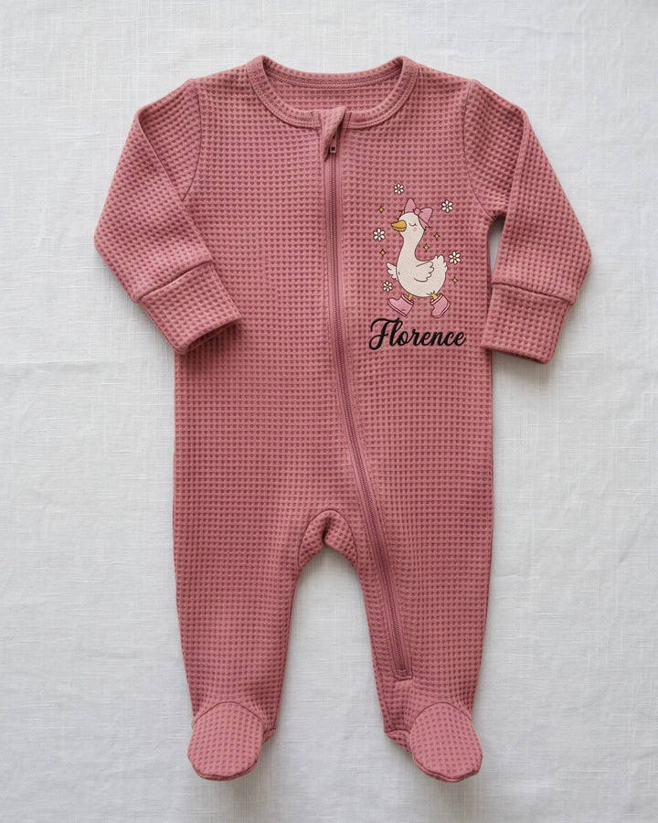 Personalized Dilly Dally Embroidered Waffle Bamboo Zipper Footie