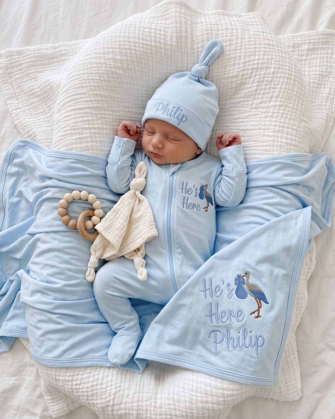 He's Here Embroidered Bamboo Welcome Home Bundle