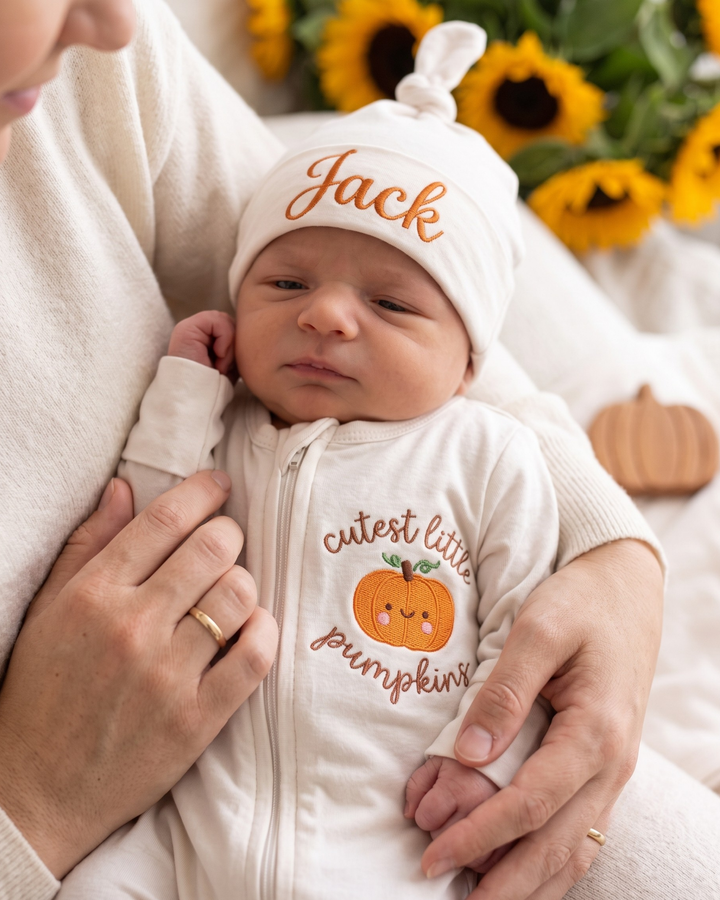Personalized Cutest Little Pumpkin Embroidered Bamboo Zipper Footie