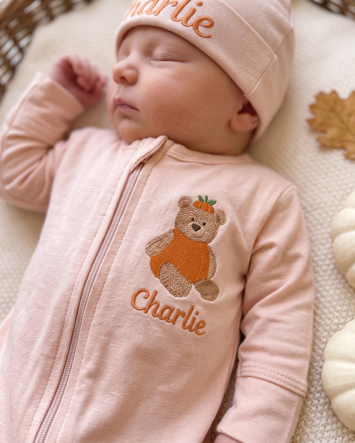 Personalized Pumpkin Teddy Embroidered Bamboo Zipper Footie