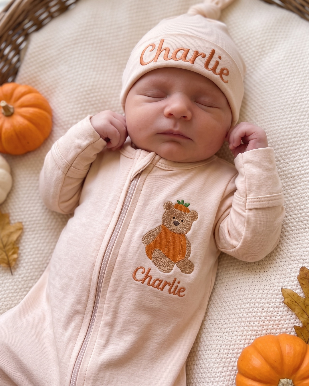 Personalized Pumpkin Teddy Embroidered Bamboo Zipper Footie