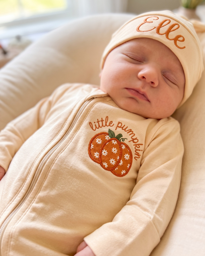 Personalized Daisy Pumpkin Appliqué Embroidered Bamboo Zipper Footie