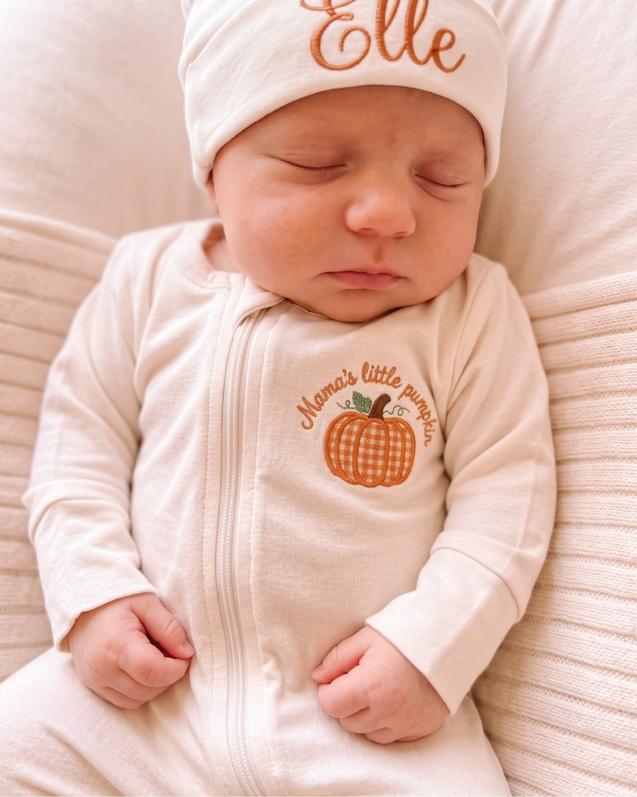 Personalized Pumpkin Gingham Appliqué Embroidered Bamboo Zipper Footie