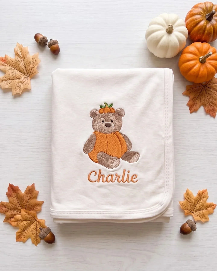 Personalized Pumpkin Teddy Embroidered Bamboo Blanket