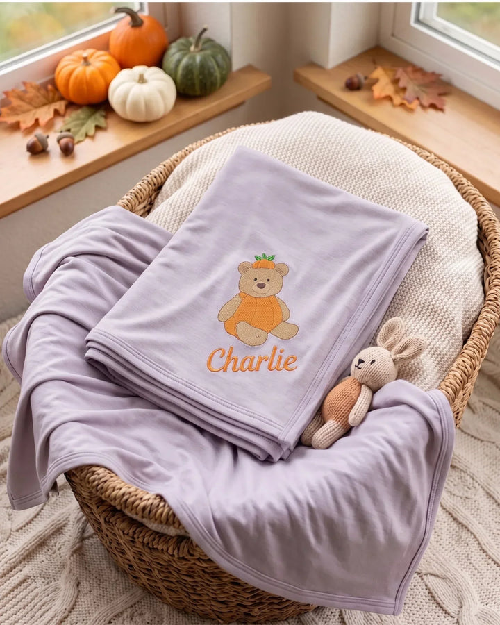 Personalized Pumpkin Teddy Embroidered Bamboo Blanket