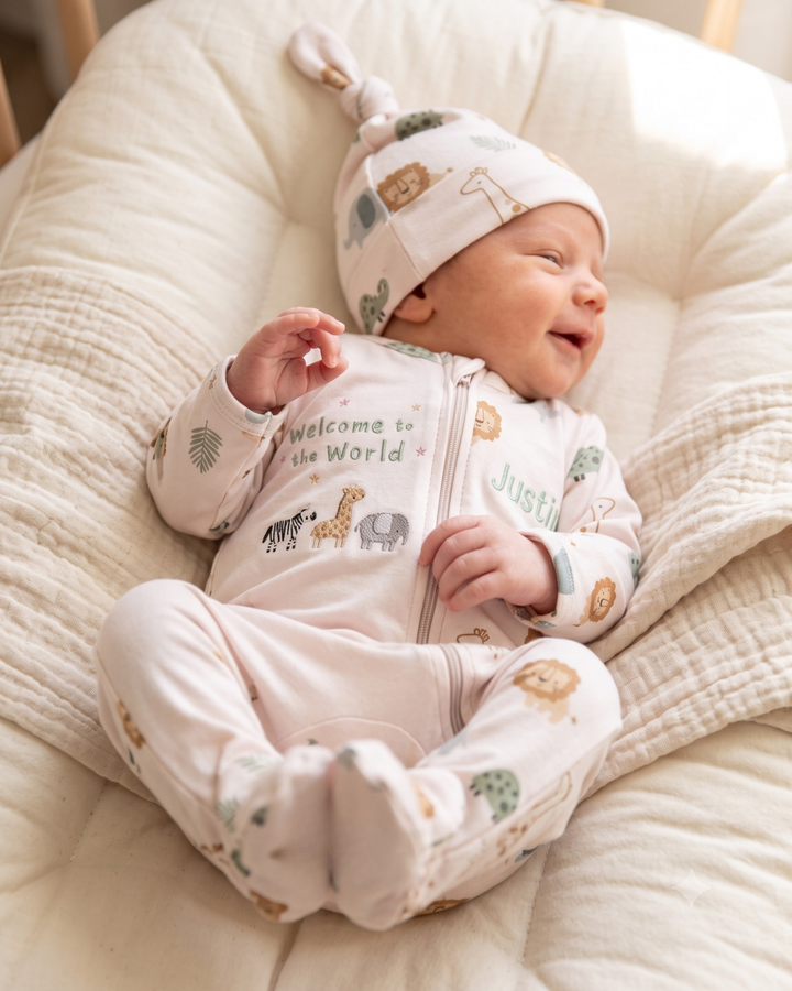 Little Safari Friends Embroidered Bamboo Zipper Footie