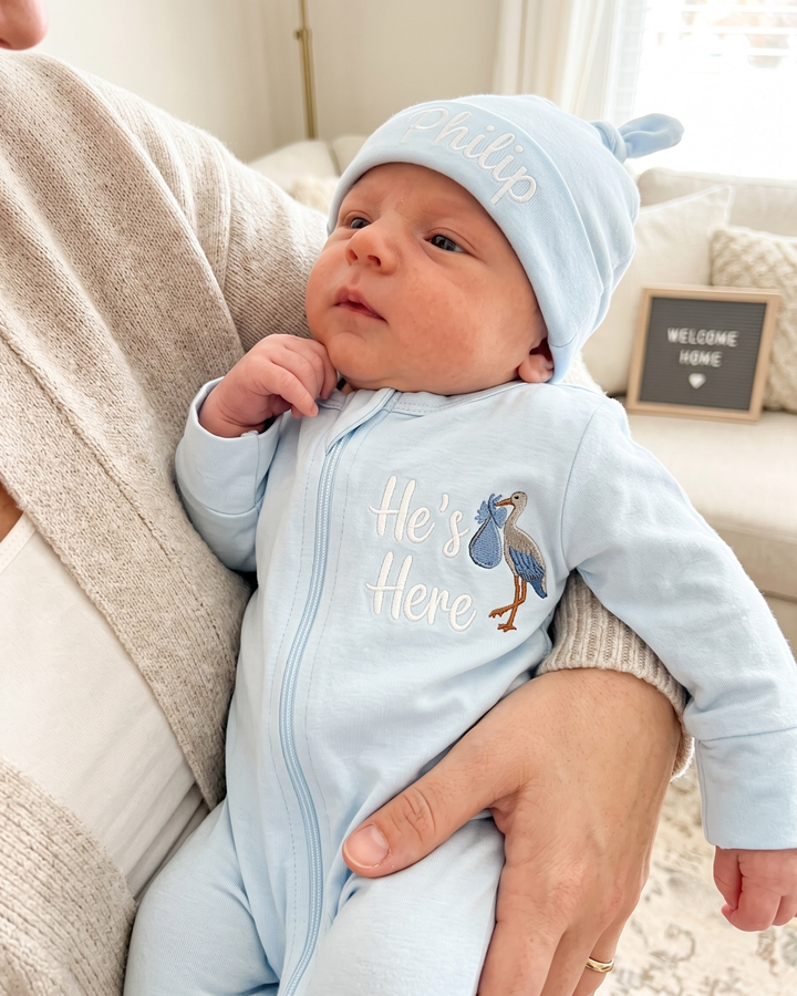 Personalized He's Here Embroidered Bamboo Zipper Footie