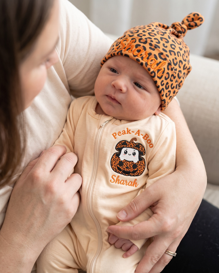 Custom Name Peek-A-Boo Pumpkin Ghost Applique Embroidered Bamboo Hat