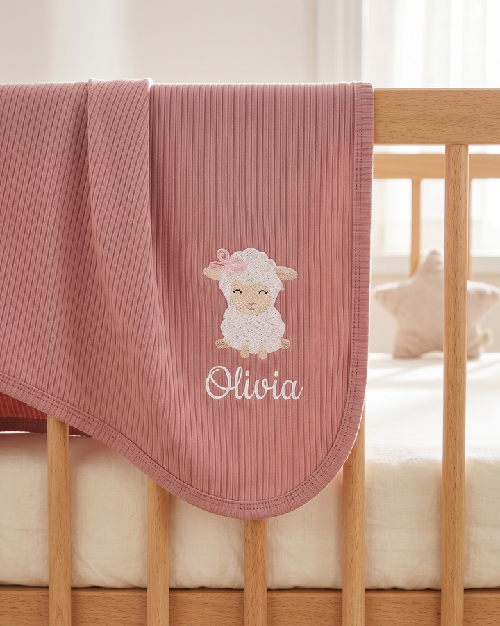 Personalized Baby Sheep Embroidered Ribbed Bamboo Blanket