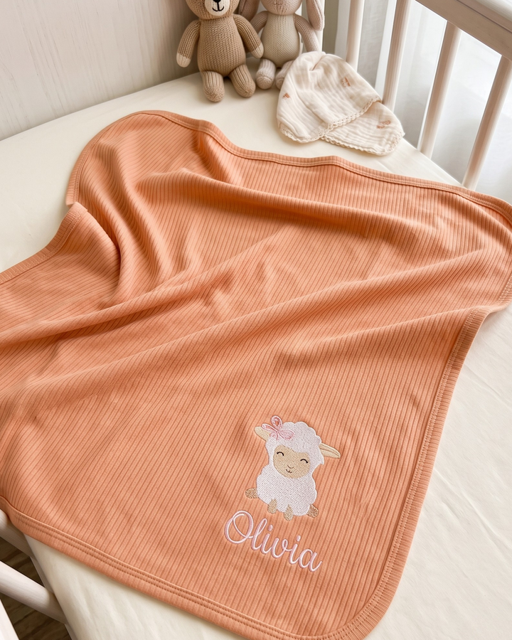 Personalized Baby Sheep Embroidered Ribbed Bamboo Blanket
