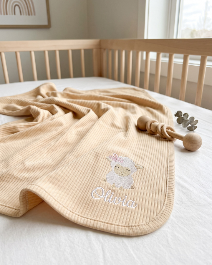 Personalized Baby Sheep Embroidered Ribbed Bamboo Blanket