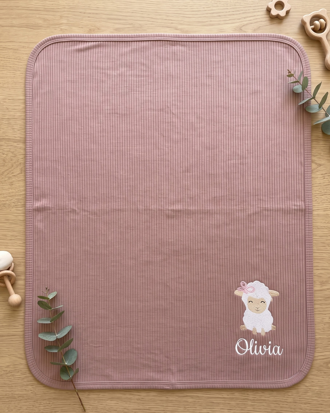 Personalized Baby Sheep Embroidered Ribbed Bamboo Blanket