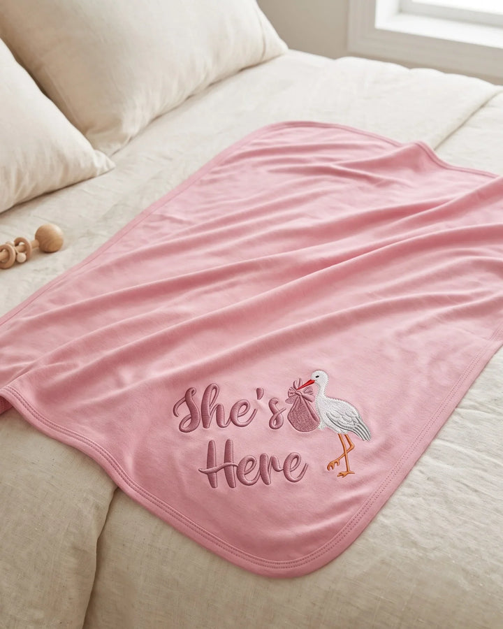 Personalized She's Here Embroidered Bamboo Blanket