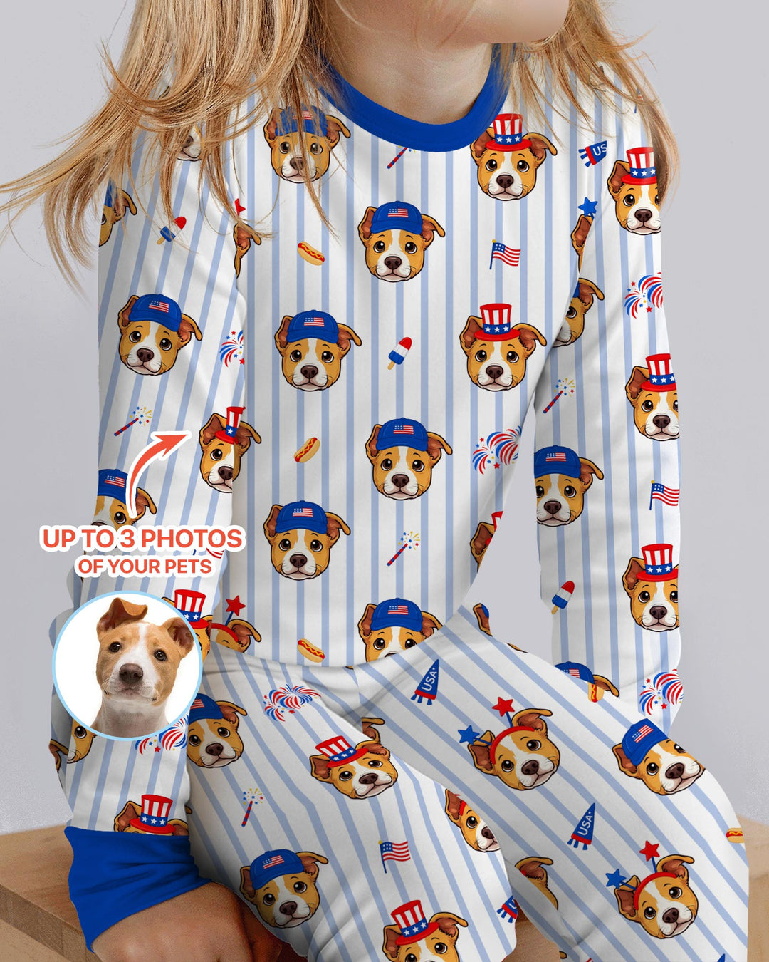 Custom Pet Image 4th of July Family Matching Bamboo Two Piece Long Sleeve Pajama Set