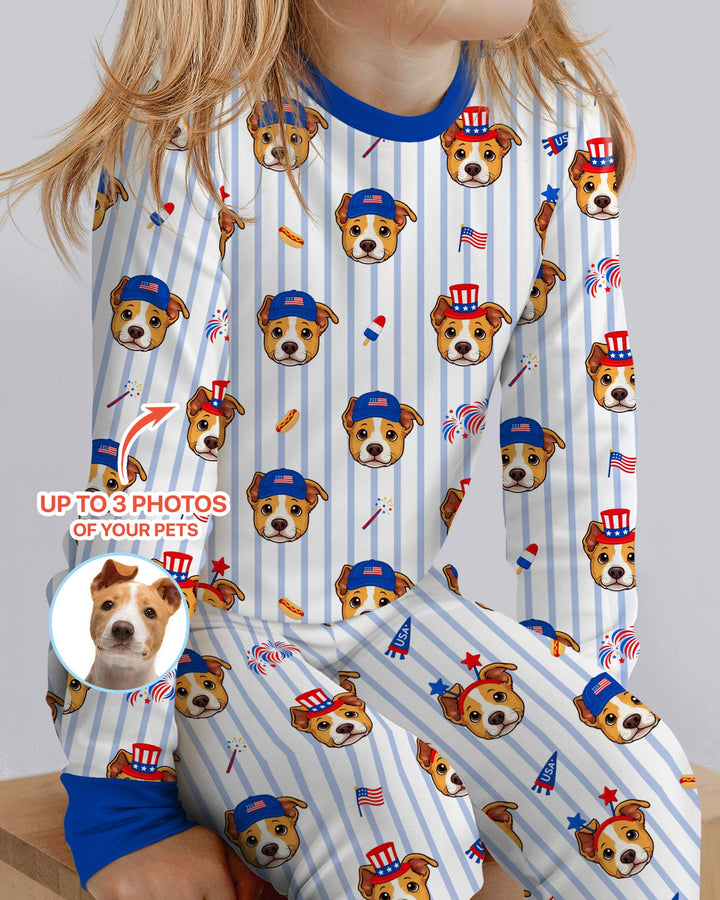 Custom Pet Image 4th of July Family Matching Bamboo Two Piece Long Sleeve Pajama Set