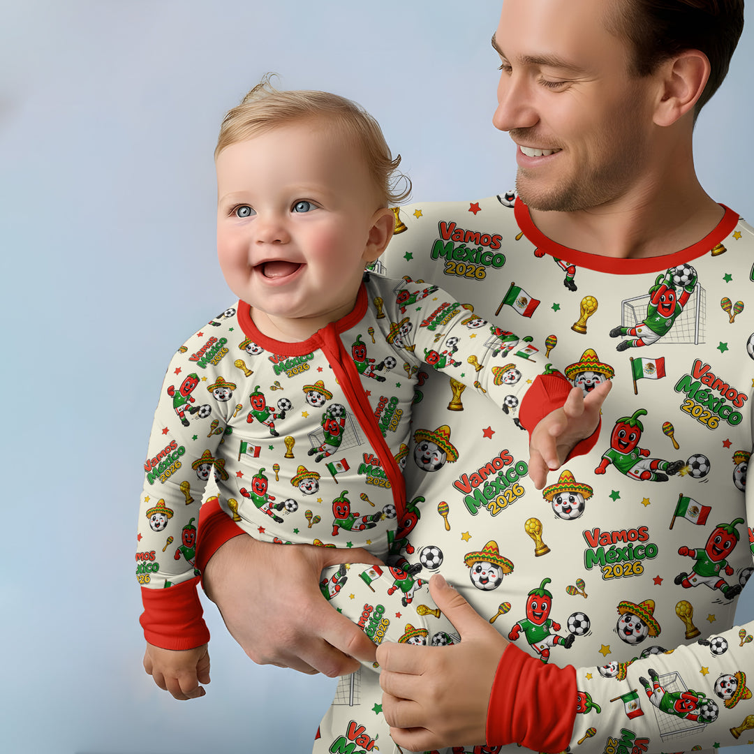 Cartoon World Soccer Vamos Mexico Family Matching Bamboo Two Piece Short Sleeve Pajama Set